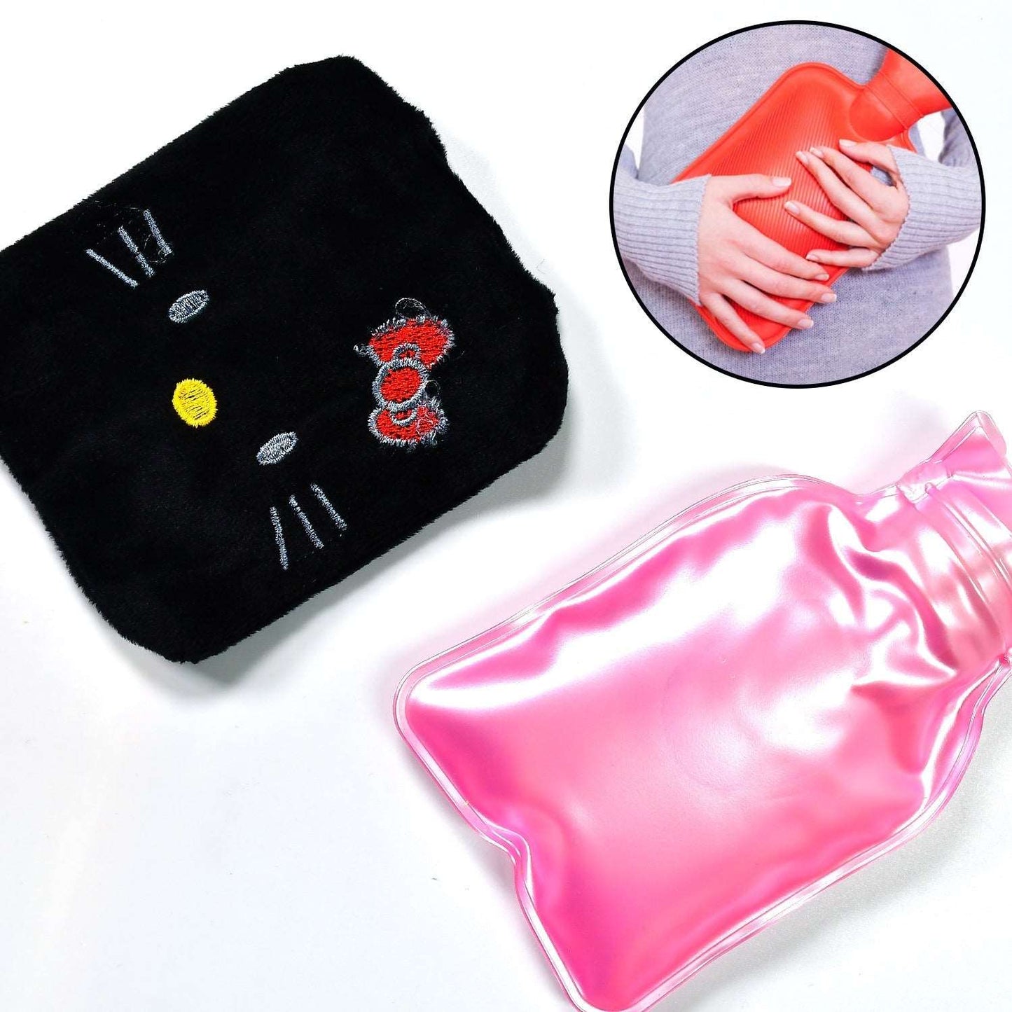 Black Hello Kitty small Hot Water Bag with Cover for Pain Relief, Neck, Shoulder Pain and Hand, Feet Warmer, Menstrual Cramps