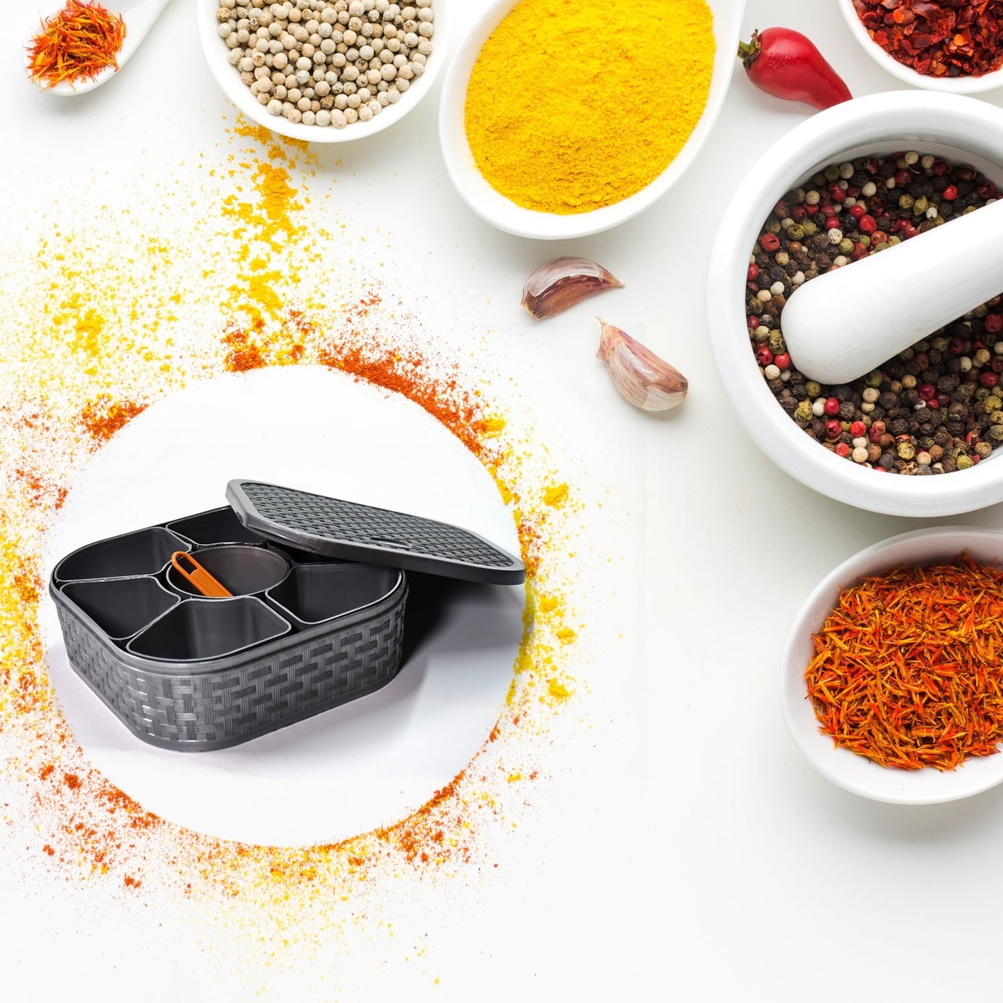 2032H Masala Box for Keeping Spices, Spice Box for Kitchen, Masala Container, Plastic Wooden Style, 7 Sections (Multi Color). 