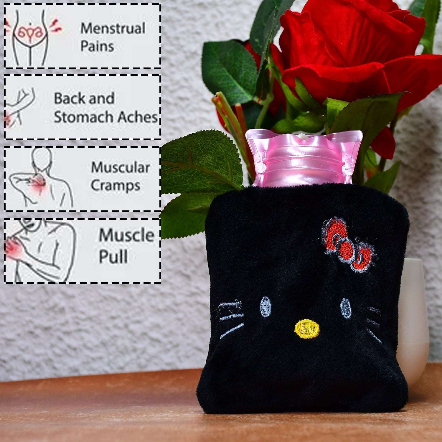 Black Hello Kitty small Hot Water Bag with Cover for Pain Relief, Neck, Shoulder Pain and Hand, Feet Warmer, Menstrual Cramps