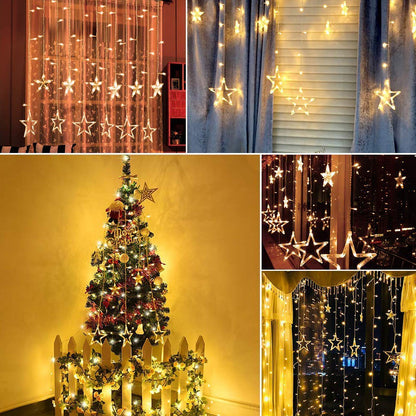 12 Stars Curtain String Lights, Window Curtain Lights with 8 Flashing Modes Decoration for Festivals