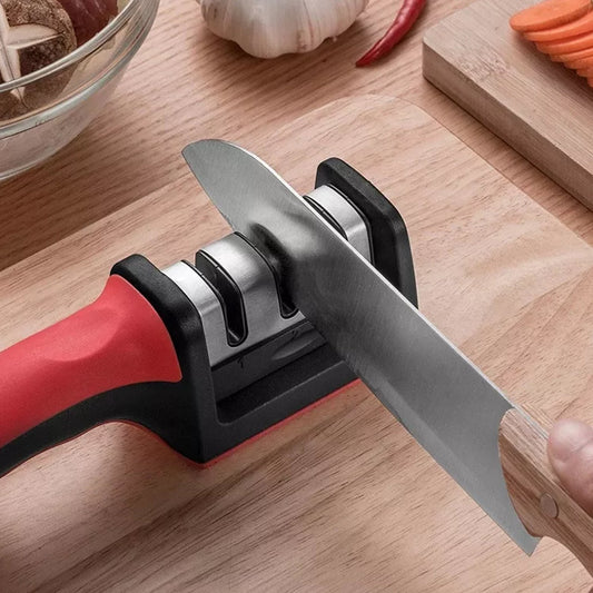 Manual Red Knife Sharpener 3 Stage Sharpening Tool for Ceramic Knife and Steel Knives.