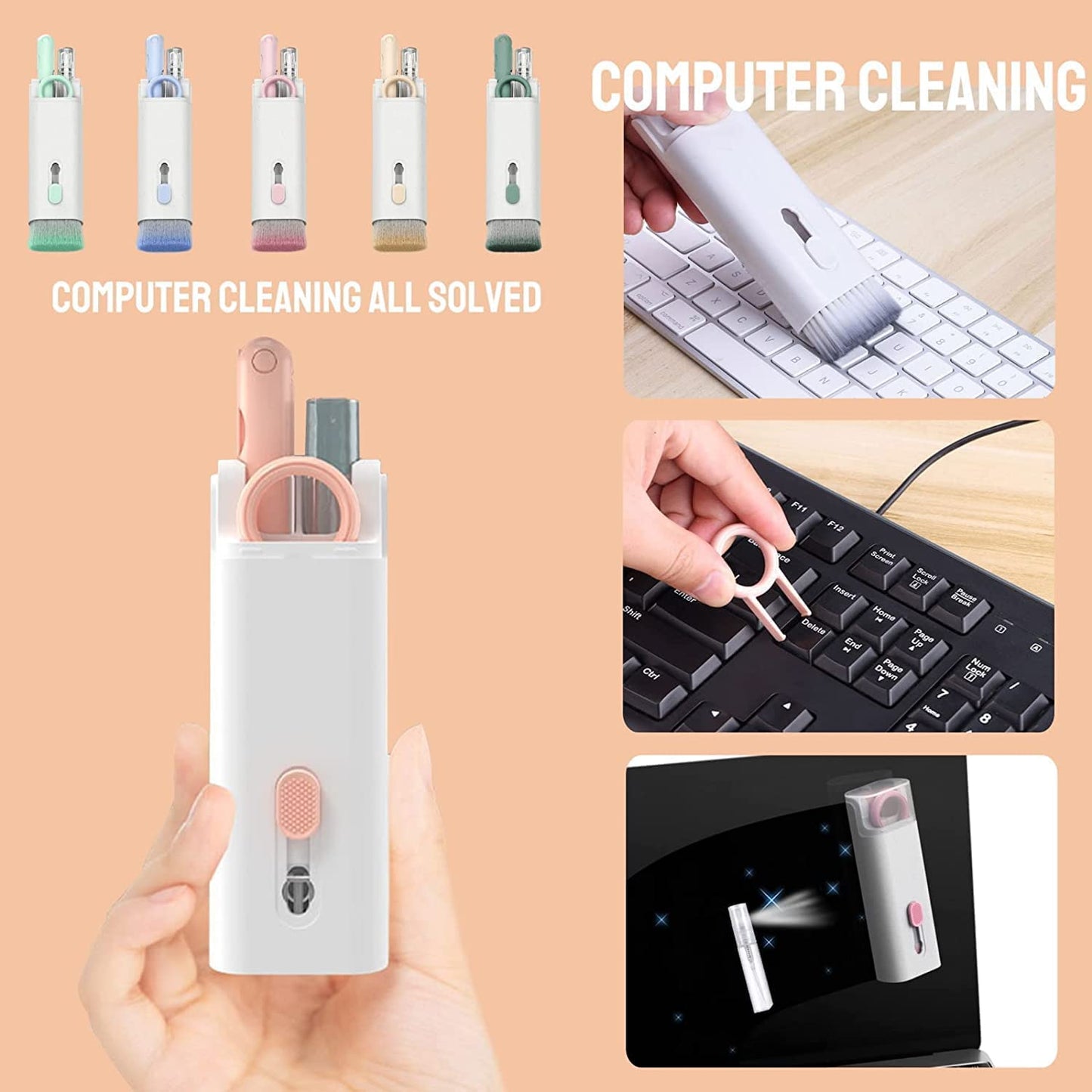 7 in 1 Electronic Cleaner kit, Cleaning Kit for Monitor Keyboard Airpods, Screen Dust Brush Including Soft Sweep, Swipe, Airpod Cleaner Pen, Key Puller and Spray Bottle 02