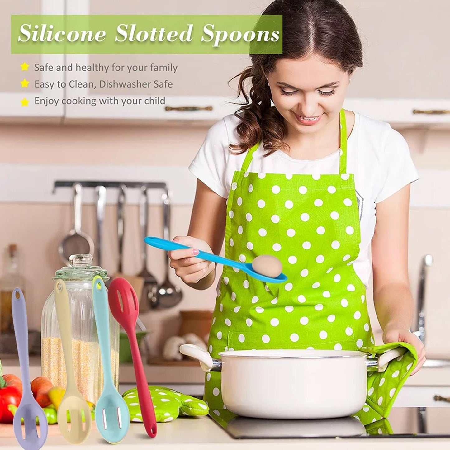 Silicone Slotted Spoon, Silicone Spoons for Cooking, Serving, Draining, Stirring, Dishwasher Safe, Heat-Resistant, Non Stick (27cm)