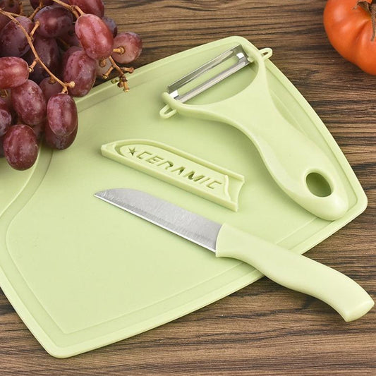 Plastic Kitchen Peeler - Green & Classic Stainless Steel 3-Piece Knife Set Combo