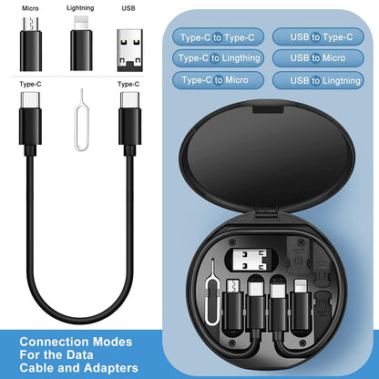 Mini Multi-Functional Fast Charging Data Cable Set for Apple, Android, Type C Charging with Card Pin,USB Data Cable Storage Box Travel Cable Set (5in1)