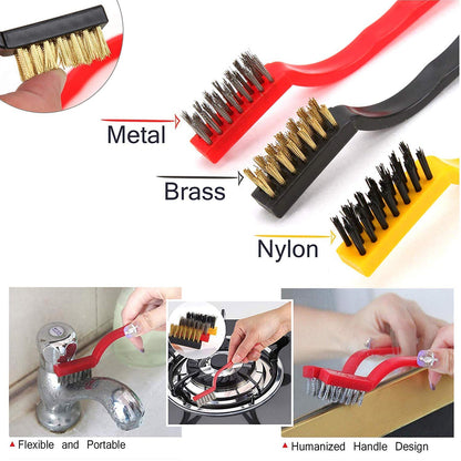 3pc Mini Wire Brush Set Brass Nylon SS Bristles Household Cleaning Brush for Gas Stove Rust Removal
