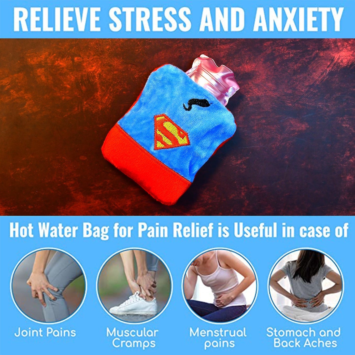 Superman Print small Hot Water Bag with Cover for Pain Relief, Neck, Shoulder Pain and Hand, Feet Warmer, Menstrual Cramps