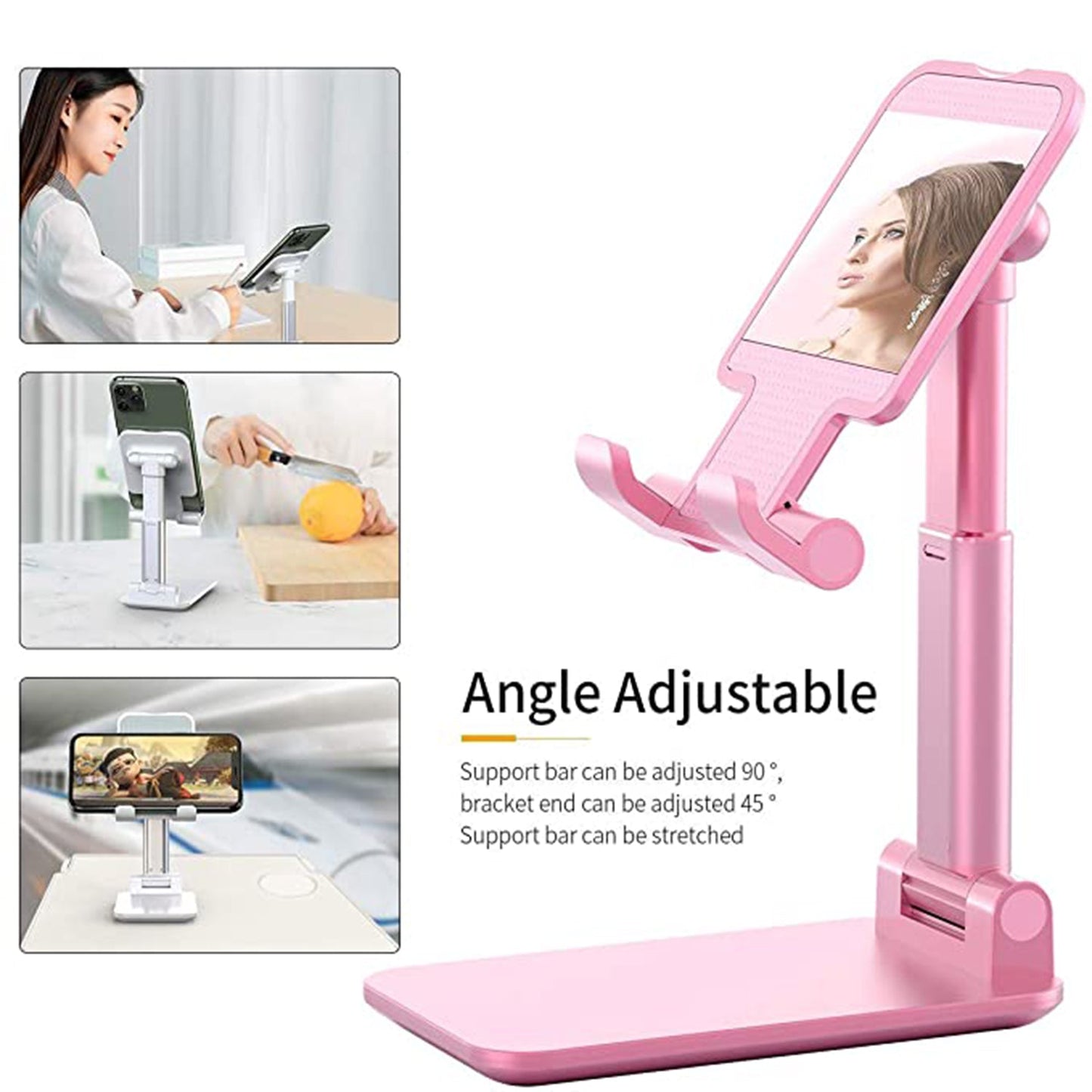 Desktop Cell Phone Stand with mirror Full 3-Way Adjustable Phone Stand for Desk Height + Angles