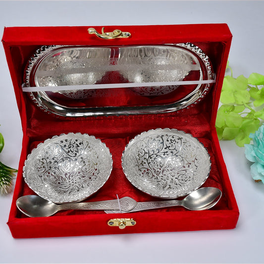 Silver Plated 2 Bowl 2 Spoon Tray Set Brass with Red Velvet Gift Box Serving Dry Fruits Desserts Gift