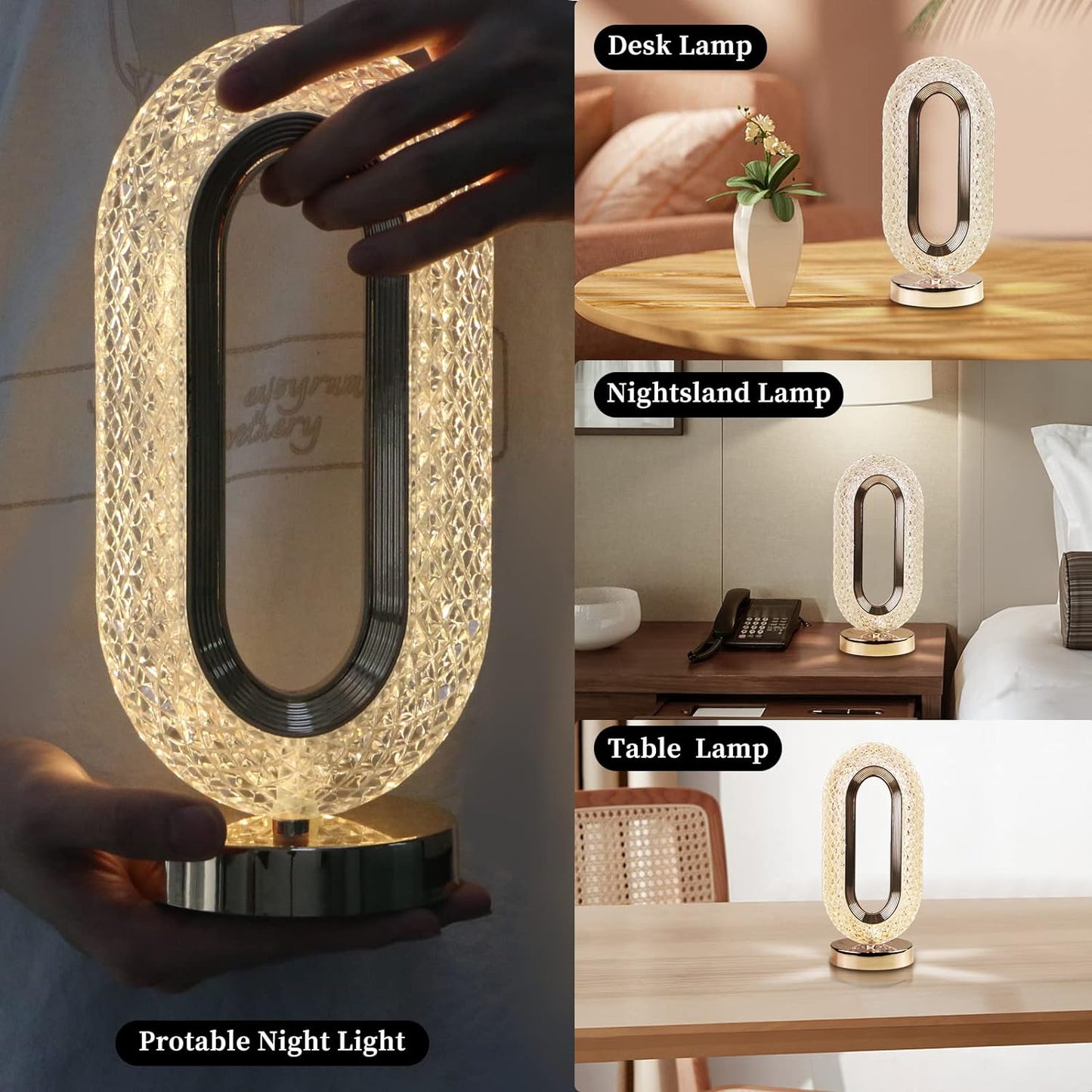 Touch Control Crystal Table Desk Lamp, 3-Way Dimmable Light, USB Rechargeable Crystal Diamond Lamp for Bedroom Living Room, Decorative Desk Lamp
