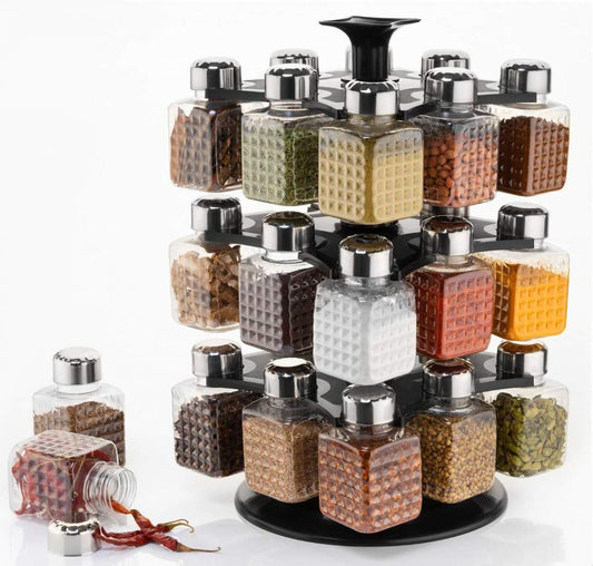 Square 24 Bottle Design 360 Degree Revolving Spice Rack Container Condiment Pieces Set