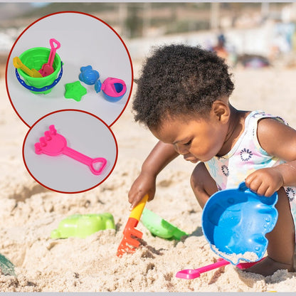 Sand Game Castle Building Plastic Beach Toy Set for Kids Summer Fun Creative Activity Playset& Gardening Tool with Accessories & Bucket-Pack of 6 Pcs